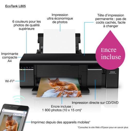 Epson EcoTank L805 Imprimante Photo à 6 réservoirs rechargeables (C11CE86402)